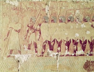 Reliefi, joka kuvaa sotilaita, jotka kuningatar Hatshepsut lähetti retkille Puntin osavaltioon tuomaan takaisin ainesosia temppelirituaaliin käytettäviksi Hatshepsutin Mortuary-temppelistä, n. 1503–1482 eKr., Uusi. tekijältä Egyptian 18th Dynasty