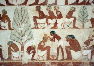 Hiukset leikatut sotilaat, yksityiskohta freskoista Tomb of Userhatissa, Sheikh Abd el Qurnah Necropolis, Luxor, Thebes (Unescon maailmanperintöluettelo) tekijältä Egyptian 18th Dynasty