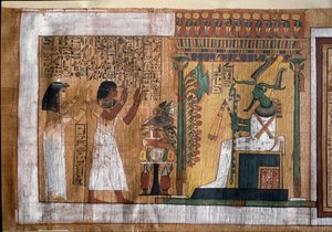 Kuollut Kha ja hänen vaimonsa Merit palvovat Osirista, tuonpuoleisen elämän herraa - Papyrus Kuolleiden kirjasta, arkkitehti Khan hautakammiosta tekijältä Egyptian 18th Dynasty