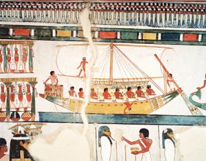 Aurinkolaiva, yksityiskohta Abydoksen pyhiinvaelluksesta, fresko, pohjoisseinä, pitkä ruokasali, Theban Tomb TT69, Sheikh Abd el-Qurna, Thebes (Unescon maailmanperintöluettelo) tekijältä Egyptian 18th Dynasty