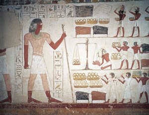 Kuparin punnitus, fresko, Userhatin hauta, opettaja ja kirjuri Amenhotep II:n hallituskaudella, joka tunnetaan myös nimellä hauta TT56, Sheikh Abd el-Qurna, Thebes (Unescon maailmanperintöluettelo) tekijältä Egyptian 18th Dynasty