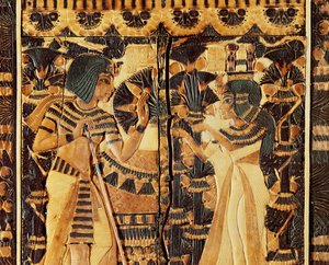 Yläpaneeli arkista, Tutankhamonin haudasta, Uudesta kuningaskunnasta (puu, pronssi, norsunluu ja värillinen lasite) tekijältä Egyptian 18th Dynasty