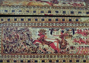 Tutankhamon (n. 1370-1352 eKr.) vaunuillaan hyökkäämässä afrikkalaisia vastaan, yksityiskohta arkun kyljestä, Uusi kuningaskunta, n. 1340 eKr. (maalattu puu) (katso 147998) tekijältä Egyptian 18th Dynasty