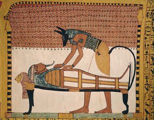 Anubis osallistuu Sennedjems Mummyan, Sennedjemin haudasta, The Workers Village, New Kingdom (seinämaalaus) (katso myös 67892)