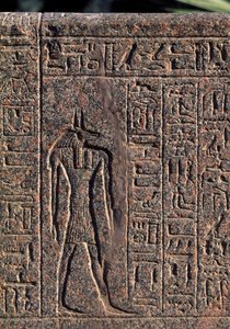 Anubiksen kuva, yksityiskohta kirjoituksesta ja reliefi Anubiksesta ja toisesta jumalasta, Amenhotepin sarkofagi, Memphis (Unescon maailmanperintöluettelo). tekijältä Egyptian 19th Dynasty