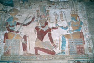 Egypti, Abydos, faarao Seti I:n temppeli, Osiriksen kappeli, maalattu reliefi tekijältä Egyptian 19th Dynasty