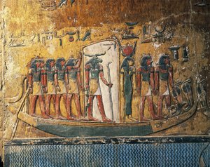 Egypti, Luxor, muinainen Thebes, Kuninkaiden laakso, Seti I:n hauta, freskot, jotka kuvaavat aurinkovenettä oinaanpäisen jumalan kanssa tekijältä Egyptian 19th Dynasty