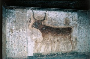 Egypti, Luxor, Kuninkaiden laakso, Seti I:n hauta, sisätilojen freskot, jotka esittävät jumalatar Nutia lehmänä. tekijältä Egyptian 19th Dynasty