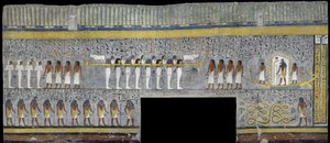 Egypti, Thebes, Luxor, Kuninkaiden laakso, Ramses I:n hauta, seinämaalaus Ra:sta auringonkuoressa hautakammiossa 19. dynastiasta tekijältä Egyptian 19th Dynasty