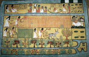 Egypti, Thebe, valtion työläisten kylä Dayr al-Madinahissa (Deir el-Medina), Sennedjemin hauta, fresko, joka kuvaa maatalouskohtauksia Ialun pelloilla, Uusi valtakunta, XIX dynastia. tekijältä Egyptian 19th Dynasty