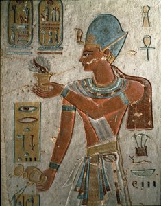 Antiguitat egípcia: el faraó Ramsès I (1320-1310 aC) representa cremar encens i abocar aigua en una cerimònia. Volum de Ramsès I, Vall dels Reis, egipci-finès tekijältä Egyptian 19th Dynasty
