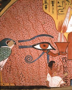 Egyptiläinen antiikki: "" käsityöläinen Pached (tai Pashedou tai Pachedou tai Pashed tai Pashedu) polvistuu palvonnassa hänen lähellään, Horus Oudjatin silmä""" Fresko Pachedoun haudasta, Deir, el Medinet, Egypti tekijältä Egyptian 19th Dynasty