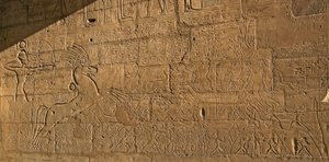 Egyptin antiikin aika: näkymä RamSes II:n urotekoja juhlivista reliefeistä Kadeshin taistelun aikana vuonna 1274 eKr., faarao Ramses II:lle omistettu hautajaistemppeli tekijältä Egyptian 19th Dynasty