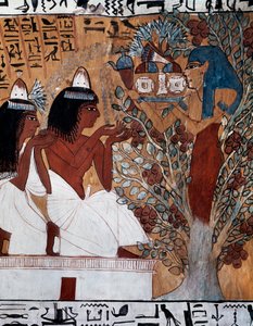 Jumalatar Isis, joka ilmestyy Sennedjemille ja hänen vaimolleen pyhässä sycamorissa, Sennedjemin hauta, joka tunnetaan myös nimellä TT1 hauta, joka on peräisin Ramses II:n hallituskaudelta, Deir el-Medinasta, Thebanin nekropoli, Egyptin sivilisaatio, Uusi  tekijältä Egyptian 19th Dynasty