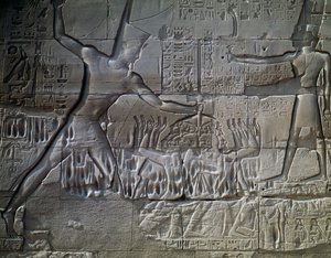 Libyalaisia vankeja, reliefi, suuren hypostyylisalin ulkoseinä, Amunin temppeli, Karnakin temppelikompleksi (Unescon maailmanperintöluettelo). tekijältä Egyptian 19th Dynasty