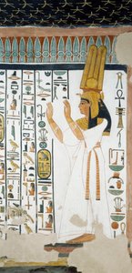 Nefertari Osirisin kuningaskunnan ensimmäisen oven edessä, nostaen kätensä palvonnan merkiksi, fresko, hautakammio, Nefertarin hauta (QV66), Kuningattaren laakso, Thebes. Egyptin sivilisaatio, Uusi kuningaskunta, dynastia XIX.