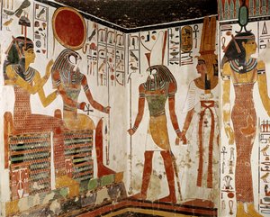 Horus tuo Nefertarin Re-Horakhtyn jumalan eteen Nefertarin haudasta, Uudesta kuningaskunnasta (seinämaalaus)