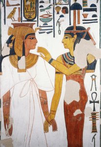Nefertari tapaa jumalatar Isisin, fresko, neljännen pilarin pohjoiseen päin oleva julkisivu, hautakammio, Nefertarin hauta (QV66), Kuningattaren laakso, Thebes (Unescon maailmanperintöluettelo) tekijältä Egyptian 19th Dynasty