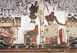 Osiris ja Atum, fresko, itäseinä, itäsivukammio, Nefertarin hauta (QV66), Kuningattaren laakso, Thebes (Unescon maailmanperintöluettelo) tekijältä Egyptian 19th Dynasty