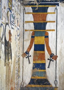 Osiris djed-pylväänä, joka pitää valtikka kummassakin kädessä ja ankh jokaisessa ranteessa, yksityiskohta Nefertarin haudan ensimmäisestä läntisestä lisärakennuksesta (seinämaalaus)  Egypti, Thebes, Luxor, Kuningattaren laakso, Nefertarin hauta, hautakammi tekijältä Egyptian 19th Dynasty