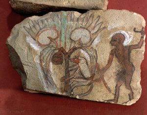 Ostrakon, jossa nuori mies katselee taateleita poimivaa apinaa, Egypti, Länsi-Theeba, Deir el-Medina. tekijältä Egyptian 19th Dynasty