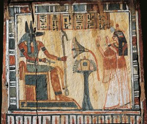 Maalattu puulaatikko, jossa kuvataan vainajaa ja Anubi-jumalaa, Tamutnofretin shabtille. tekijältä Egyptian 19th Dynasty