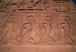 Pohjoisen vangit, reliefi Ramesses II:n suuren temppelin jättiläisten juurella, Abu Simbel (Unescon maailmanperintöluettelo). tekijältä Egyptian 19th Dynasty