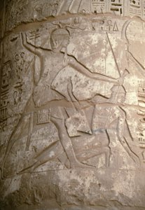 Ramses pitää aasialaisia vihollisiaan hiuksista kiinni, kun hän valmistautuu surmaamaan heidät, reliefi, Seti I:n temppeli, Kanais, Egypti, Egyptin sivilisaatio, Uusi valtakunta, XIX dynastia (kuva) tekijältä Egyptian 19th Dynasty