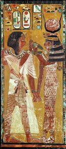 Reliefi, joka kuvaa jumalatar Hathora asettamassa taikakaulus Seti I:lle (n. 1394-1279 eKr.) New Kingdomille (maalattu kalkkikivi)