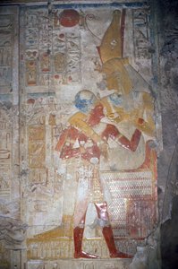 Relief Sethos I:stä (1303-1290 eKr.) ja Isiksestä, Uudesta kuningaskunnasta (seinämaalaus)