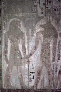 Seti I (1303-1290 eKr.) ja Anubis Setin haudassa, Uusi kuningaskunta (seinämaalaus)