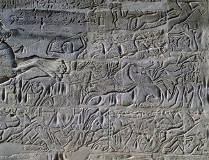 Seti I:n sotaretket Syyriassa ja Palestiinassa, reliefi, Karnakin temppelikompleksin Suuren hypostyylisalin pohjoinen ulkoseinä (Unescon maailmanperintöluettelo) tekijältä Egyptian 19th Dynasty