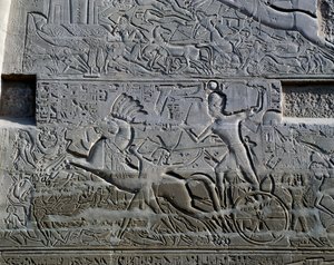 Seti I:n sotaretket Syyriassa ja Palestiinassa, reliefi, Karnakin temppelikompleksin Suuren hypostyylisalin pohjoinen ulkoseinä (Unescon maailmanperintöluettelo) tekijältä Egyptian 19th Dynasty