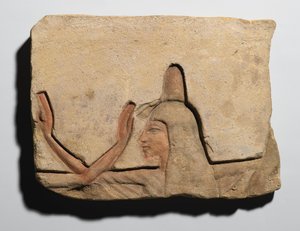 Naista suitsukekartiota kuvaava laatta, Uusi kuningaskunta, n. 1352-1336 eKr. (hiekkakivi)