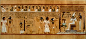 Sydämen punnitseminen Maatsin totuuden höyhenen kanssa, kuninkaallisen kirjailijan Huneferin kuolleiden kirjasta, Uusi kuningaskunta, n. 1275 eKr. (papyrus)