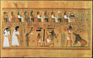 Sydämen punnitseminen totuuden sulkaa vastaan, kirjuri Anyin kuolleiden kirjasta, noin 1250 eKr. (maalattu papyrus).