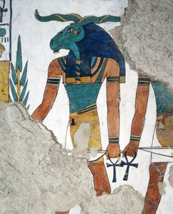 Sanansaattaja oinaanpäällä, Osirisin kuningaskunnan kolmas ovi, Kuolleiden kirjan luku 144, fresko, hautakammio, Nefertarin hauta (QV66), Kuningattaren laakso, Thebes. Egyptin sivilisaatio, Uusi kuningaskunta, dynastia XIX. tekijältä Egyptian 19th Dynasty