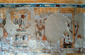 Egyptiläinen antiikin aika: esitys Shuroystä ja hänen vaimostaan palvomassa jumalaa Thot ja jumalatar Ra. Shuroyn haudan maalaus tekijältä Egyptian 20th Dynasty