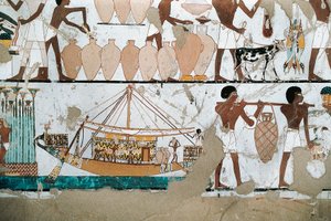 Seinämaalaus, joka kuvaa kohtausta viinin kuljetuksesta laivalla, Uudesta kuningaskunnasta tekijältä Egyptian 20th Dynasty