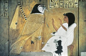 Seinämaalaus kohtauksesta Book of the Deadista, muunnos Golden Falconiksi tekijältä Egyptian 20th Dynasty