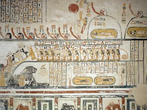 Auringonjumala Ra:n taivaallista navigointia seurannut kulkue, Maan kirja, yksityiskohta Ramses VI:n hautakammion freskoista, Kuninkaiden laakso, Luxor, Thebes (Unescon maailmanperintöluettelo) tekijältä Egyptian 20th Dynasty