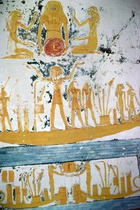 Re in the Night Boat, Ramses VI:n haudasta, Uusi kuningaskunta (n. 1145-1137 eKr.) (seinämaalaus) tekijältä Egyptian 20th Dynasty