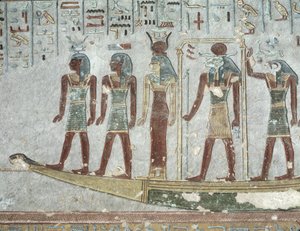 Reliefi, joka kuvaa Khnumia hautausmökissä, joka kulkee alamaailman läpi Ramses III:n haudalta (n. 1184-1153 eKr.) Uusi kuningaskunta (maalattu kalkkikivi) tekijältä Egyptian 20th Dynasty