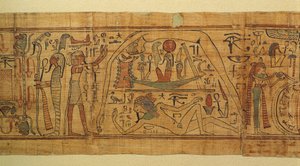 Kirja mytologisista kuvista Nespakachutysta, taivaan ja maan erottamisesta aurinkoveneellä tekijältä Egyptian 21st Dynasty