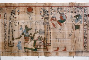 Egyptiläinen antikiitti: psykostaasi (sielujen punnitus). Kuolleiden kirjan papyrus. 21. dynastian papyrus