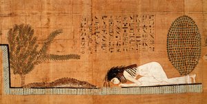 Hautauspapyrus, joka kuvaa vainajaa makaamassa krokotiilin edessä (papyrus)