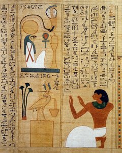 Hymni Ra-jumalalle ja pyhälle linnulle, auringon kahdelle muodolle, yksityiskohta Imenemsaufin, Amonin pääkantajan, mytologisesta papyruksesta. Egyptin sivilisaatio, kolmas välikausi, dynastia XXI-XXII.