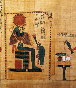 Imenemsaufin, Amonin pääkantajan, mytologinen papyrus. Yksityiskohta: jumala Ra-Harakhti
