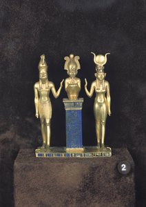 Osiris, Horus, Isis: Osorkon II:n kolmikko, Osorkon II:n hallituskausi, noin 874-850 eKr. (kulta, lapis lazuli ja lasi)