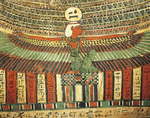 Rapattua ja maalattua puuta, joka kuvaa jumalatarta Pähkinä suojelee tuonpuoleiseen elämään johtavaa väärää ovea Tashakheperin sarkofagista, Thebes tekijältä Egyptian 26th Dynasty